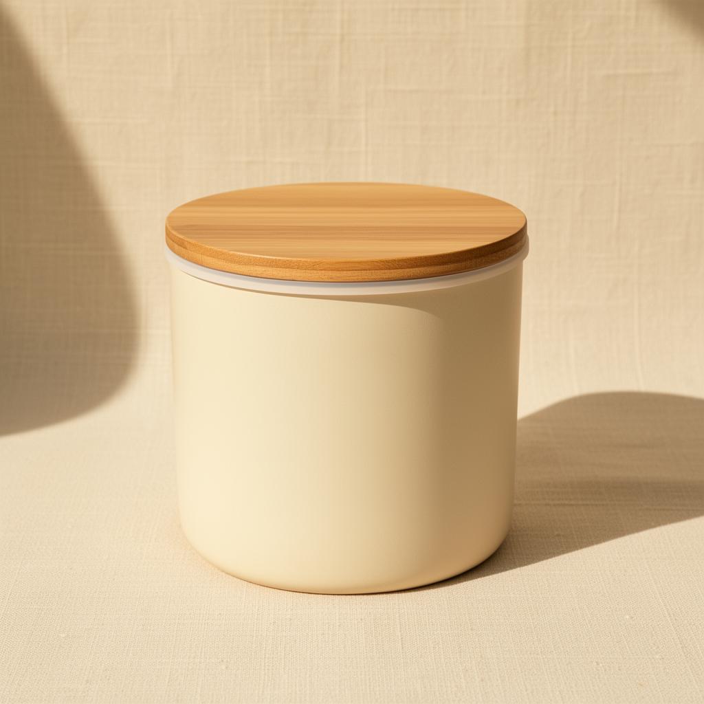 Airtight pet food storage container in warm cream on a Pupora background