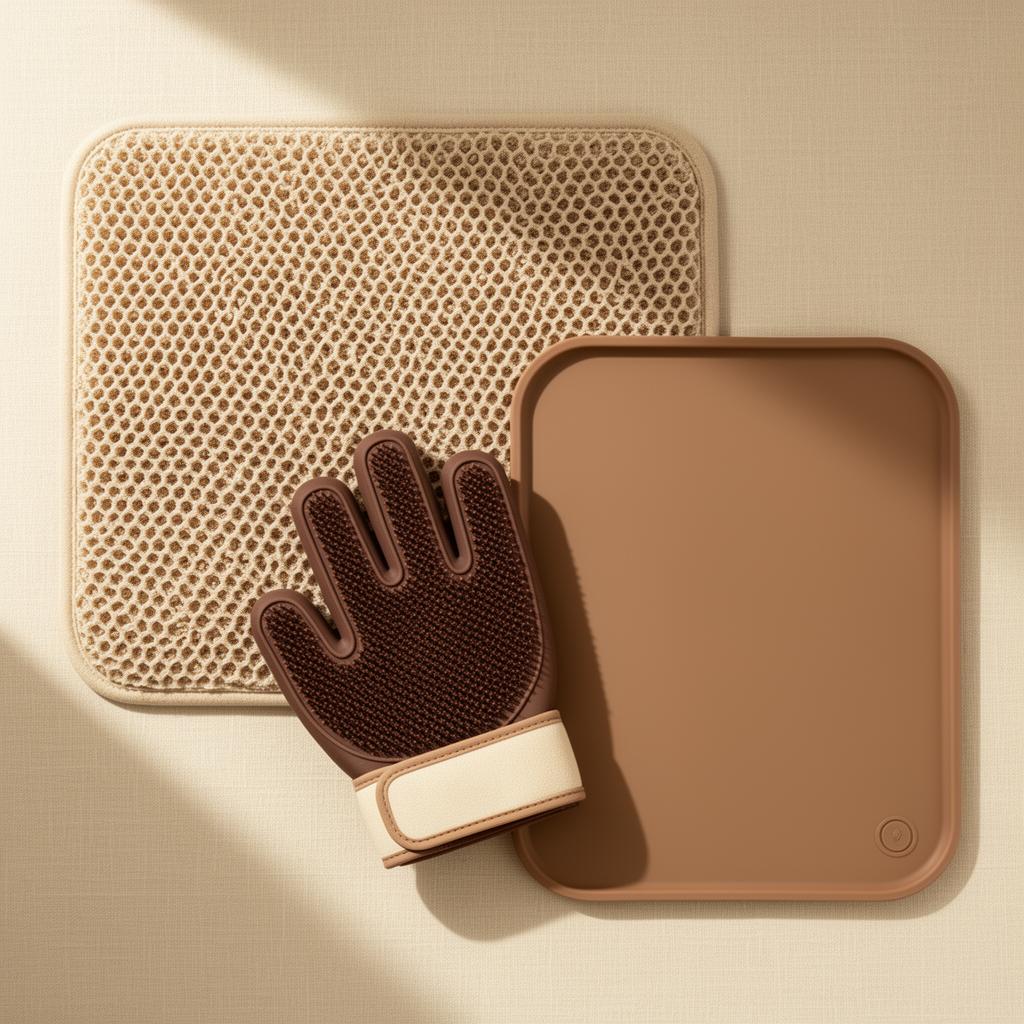 Cat Clean Home Kit by Pupora — litter mat, grooming glove and feeding mat on a Pupora background