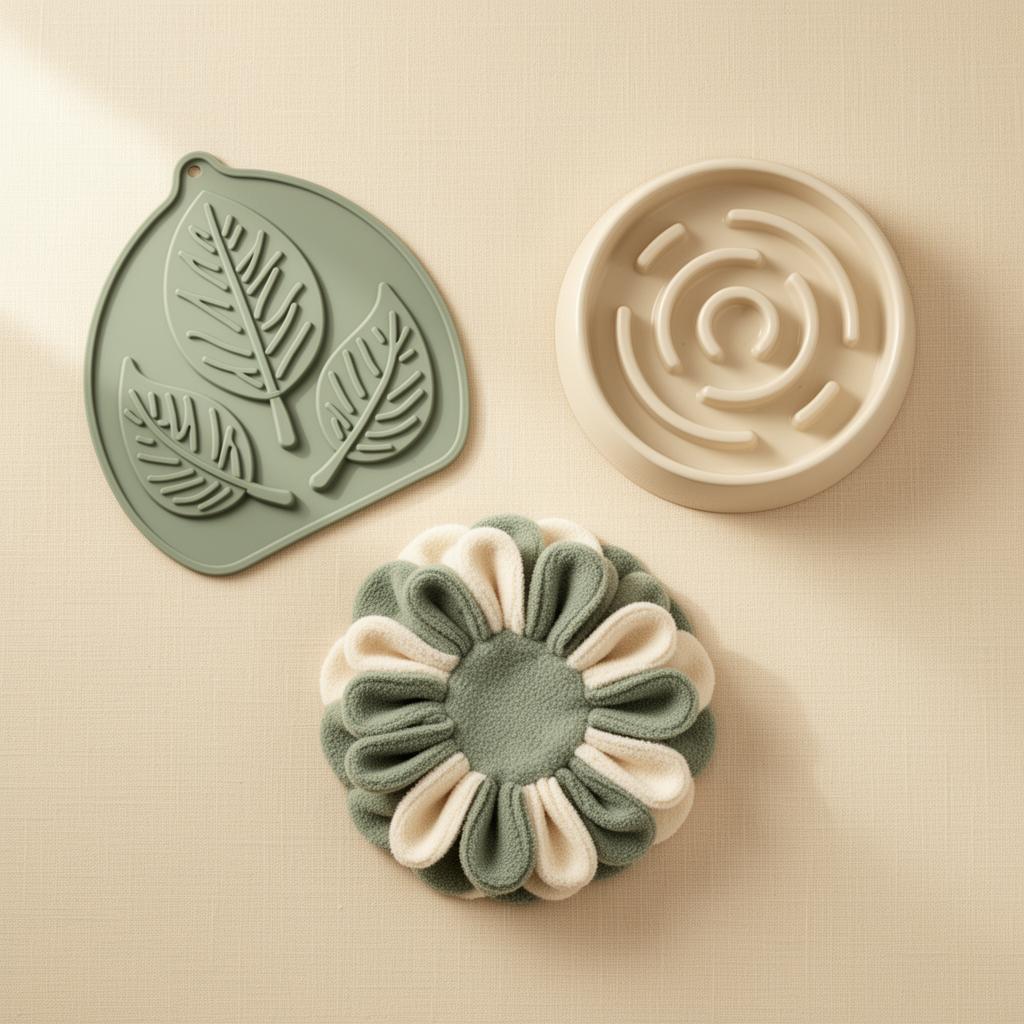 Enrichment Routine Kit by Pupora — lick mat, slow feeder bowl and snuffle mat on a Pupora background