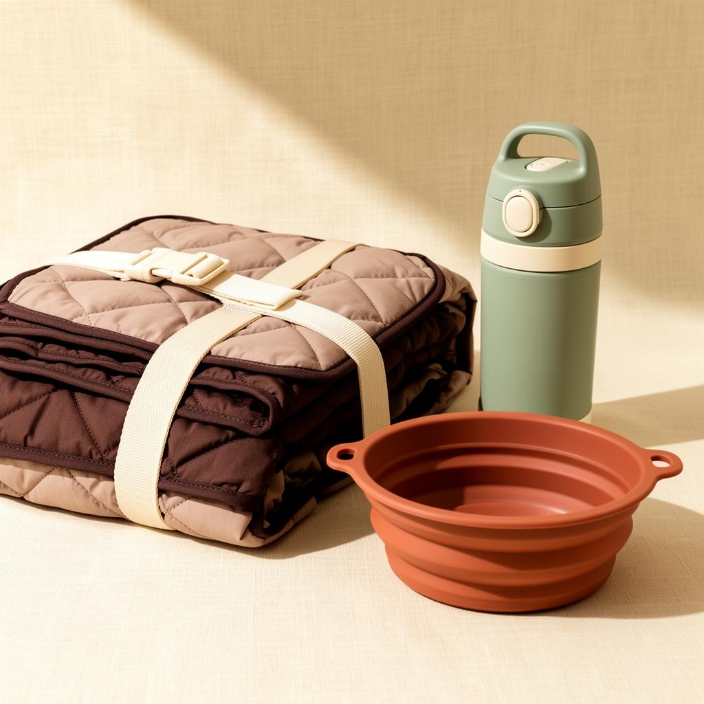 Travel Ready Pet Kit by Pupora — car seat cover, water bottle and travel bowl on a Pupora background