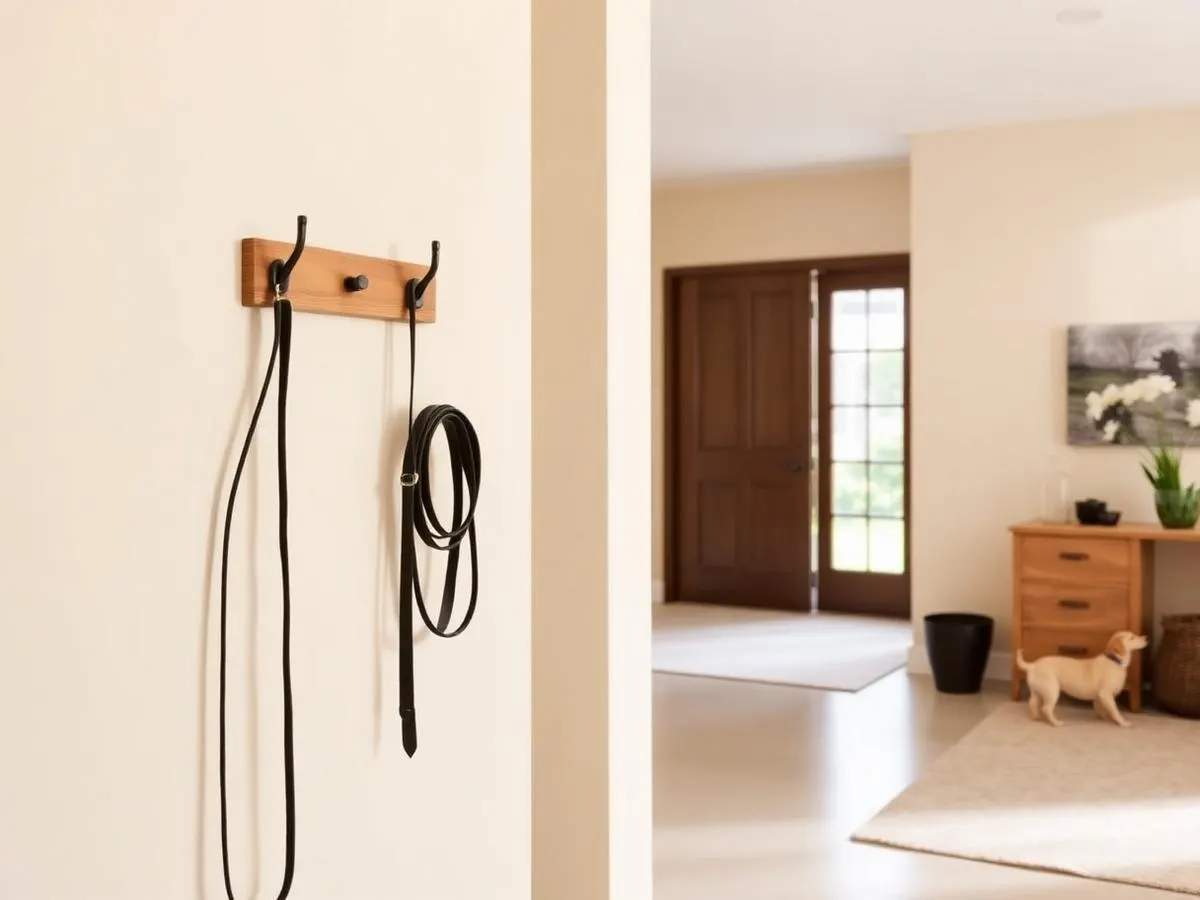 A bright apartment corner with neutral pet essentials neatly arranged