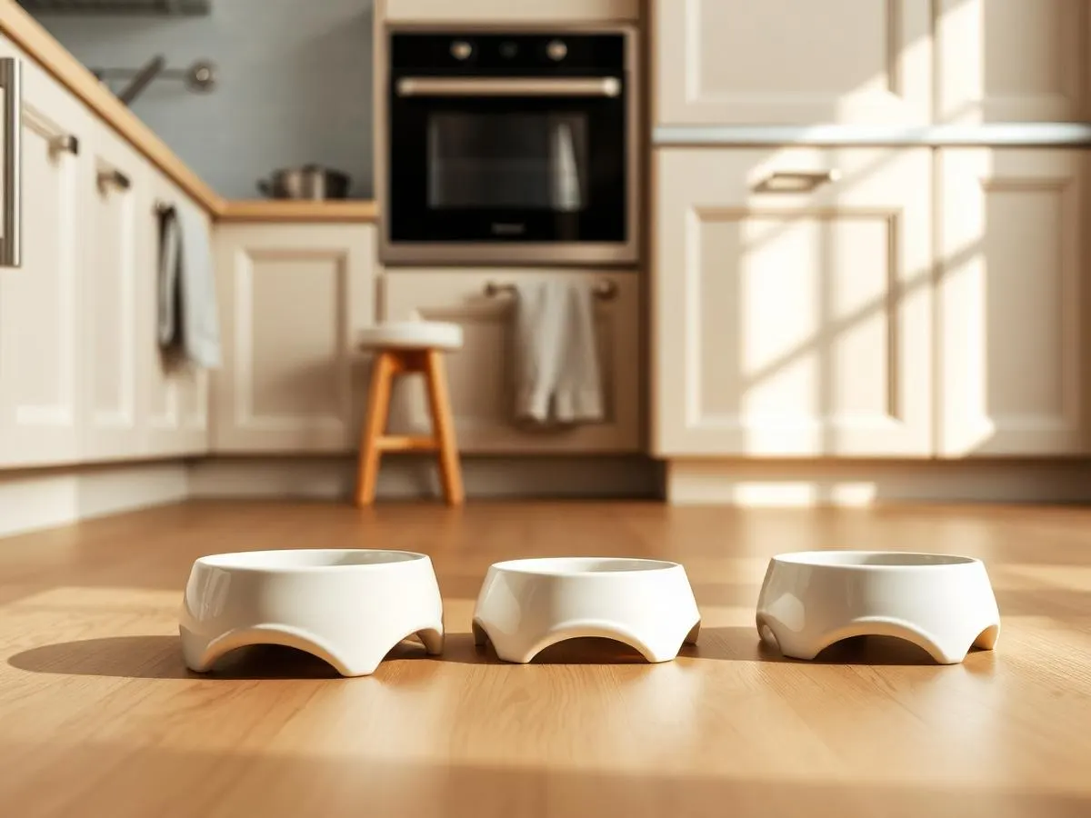 Tidy pet feeding station with bowls on a feeding mat and an airtight food container