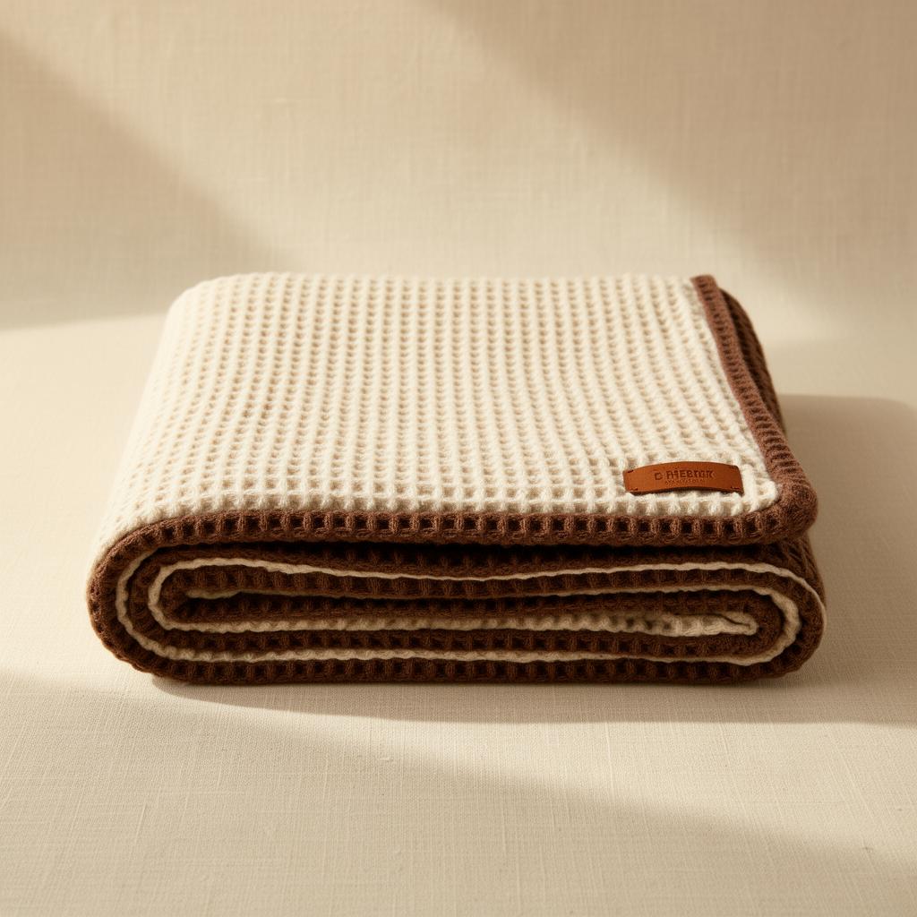 Folded cozy washable pet blanket in warm cream and brown on a Pupora background