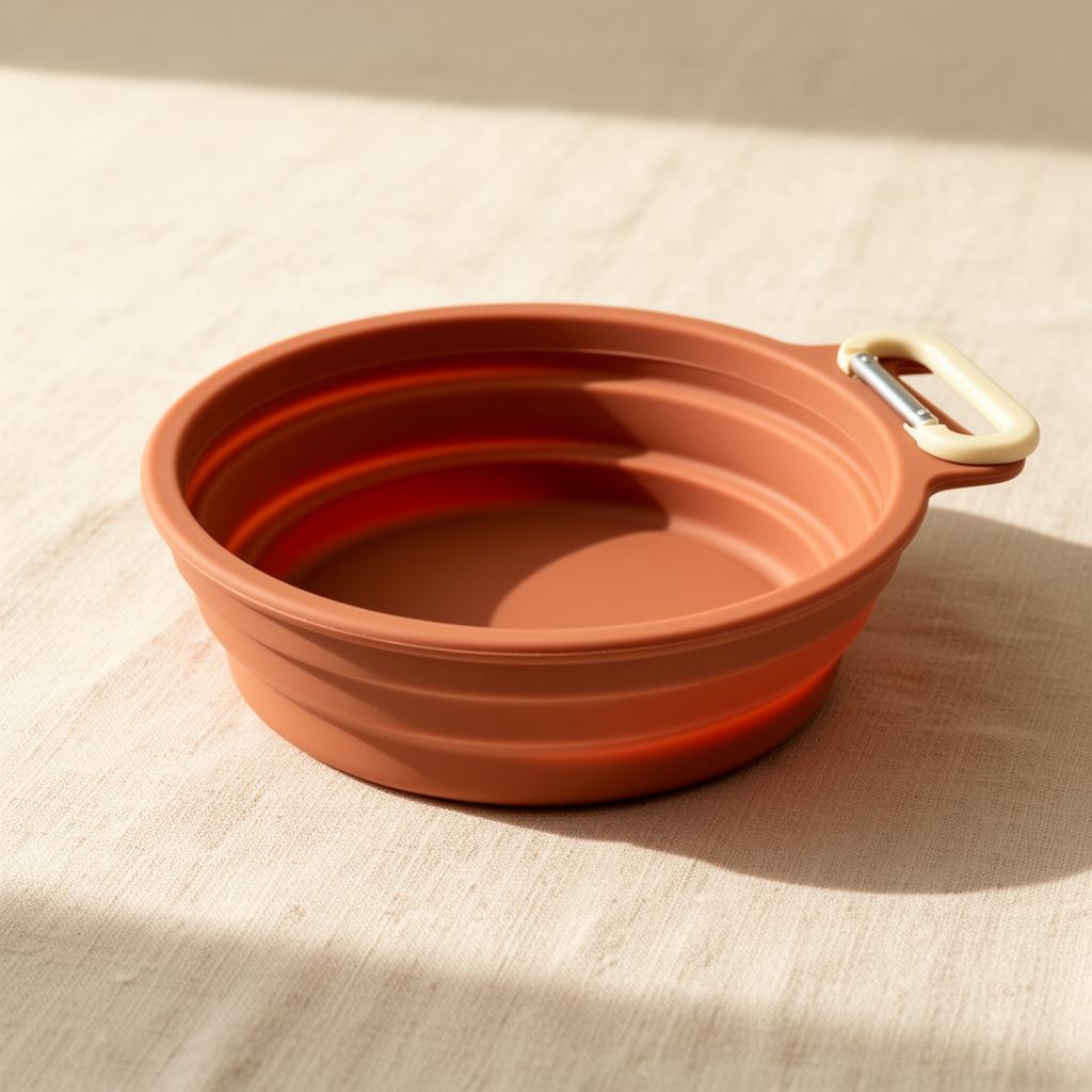 Foldable silicone travel pet bowl in warm terracotta on a Pupora background
