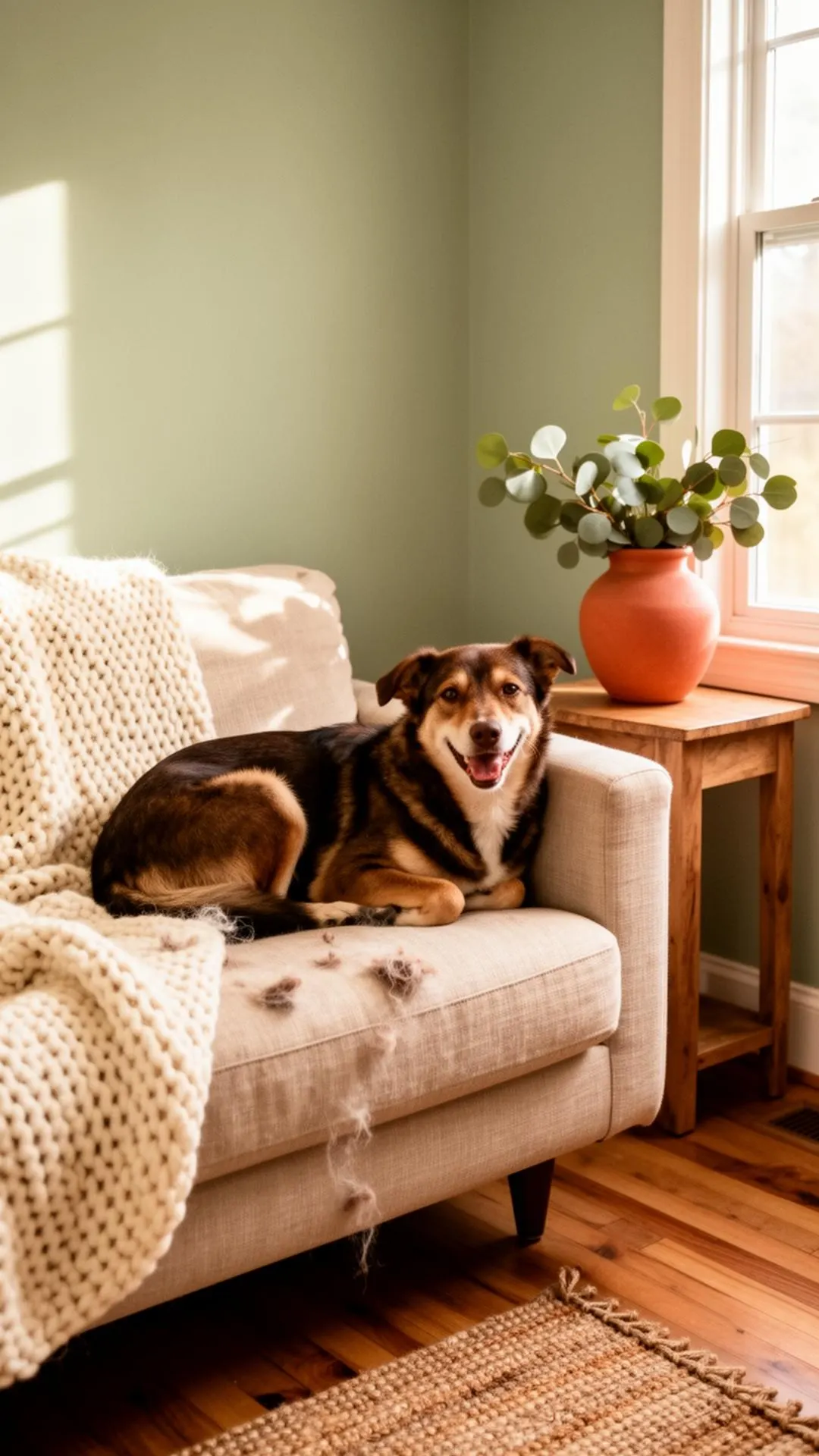 Cozy pet corner with washable blanket, toy basket and warm natural light