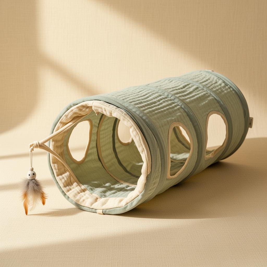 Foldable interactive cat tunnel in warm sage and cream on a Pupora background
