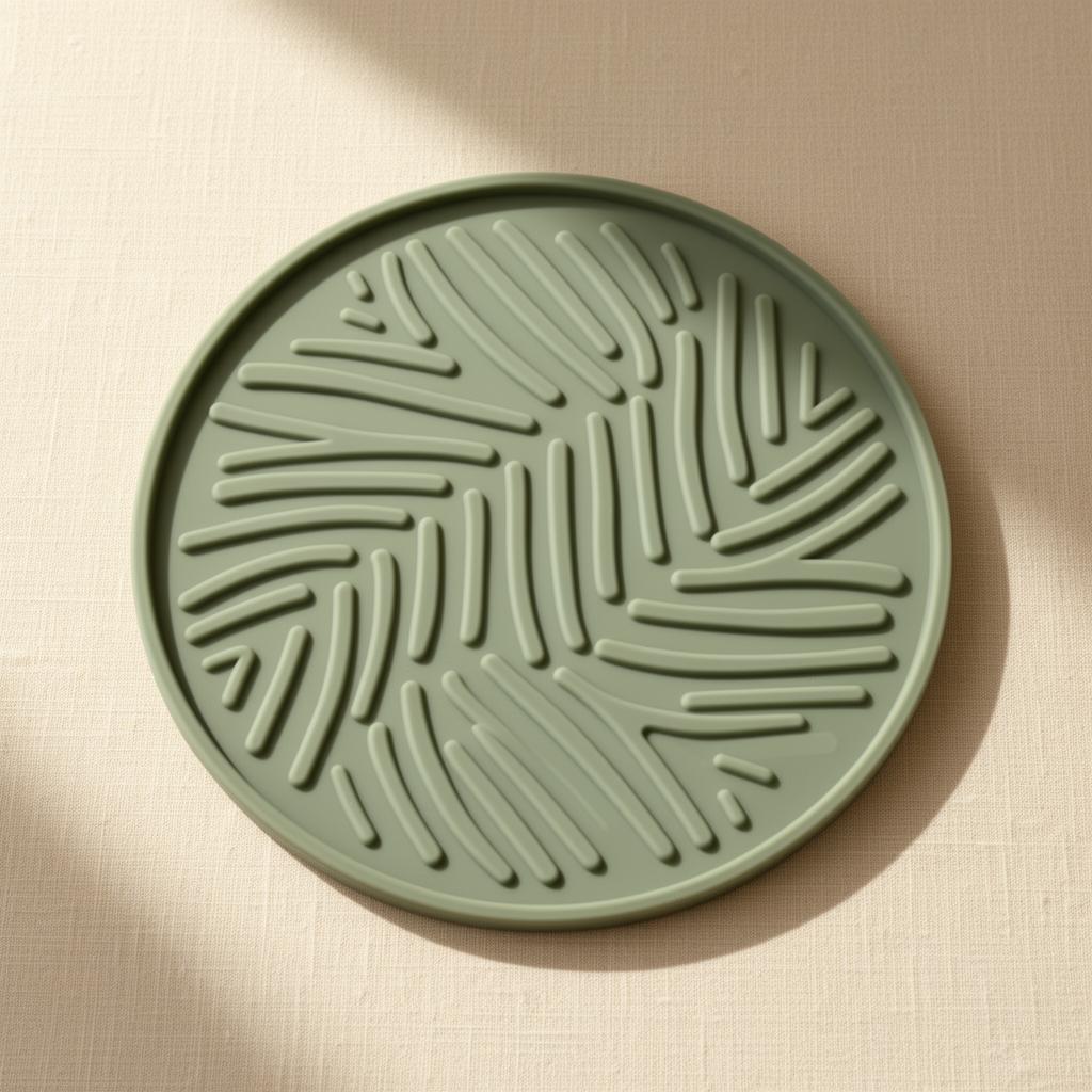 Interactive silicone lick mat in soft sage green on a warm Pupora background