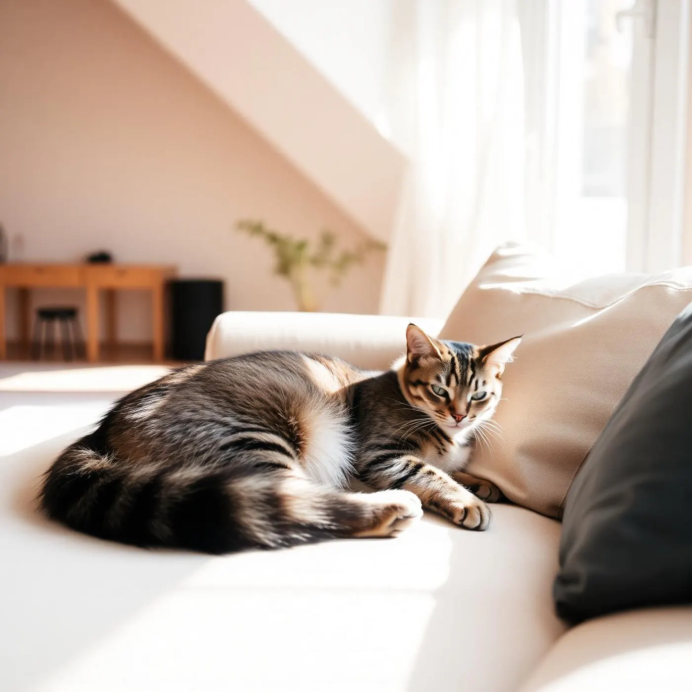 Tabby cat resting on a sunlit sofa