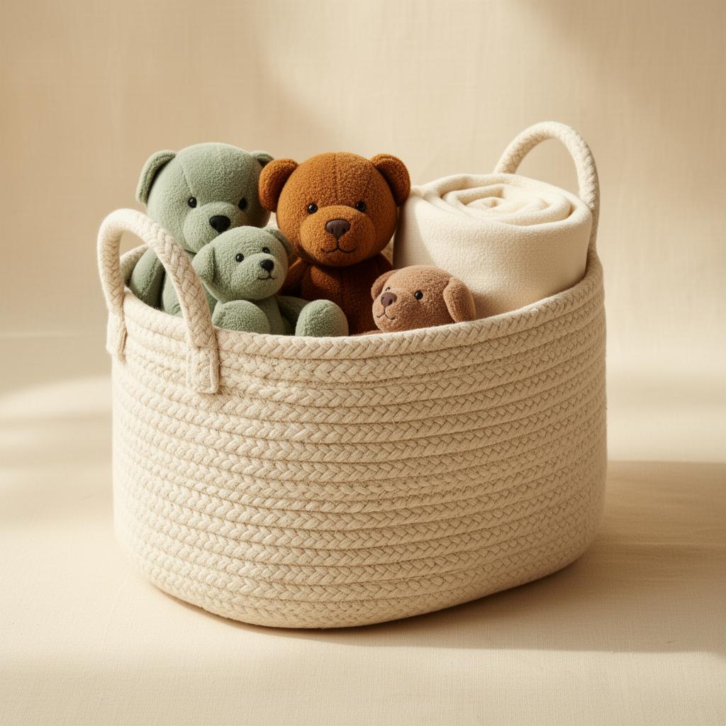 Modern woven pet toy storage basket in warm cream with cotton handles on a Pupora background