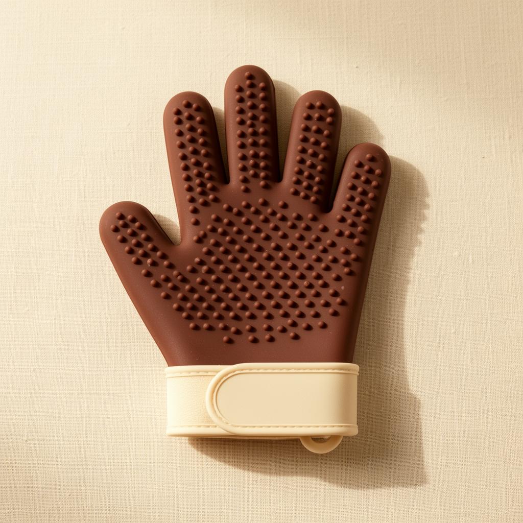 Soft pet grooming glove in chocolate brown on a warm Pupora background