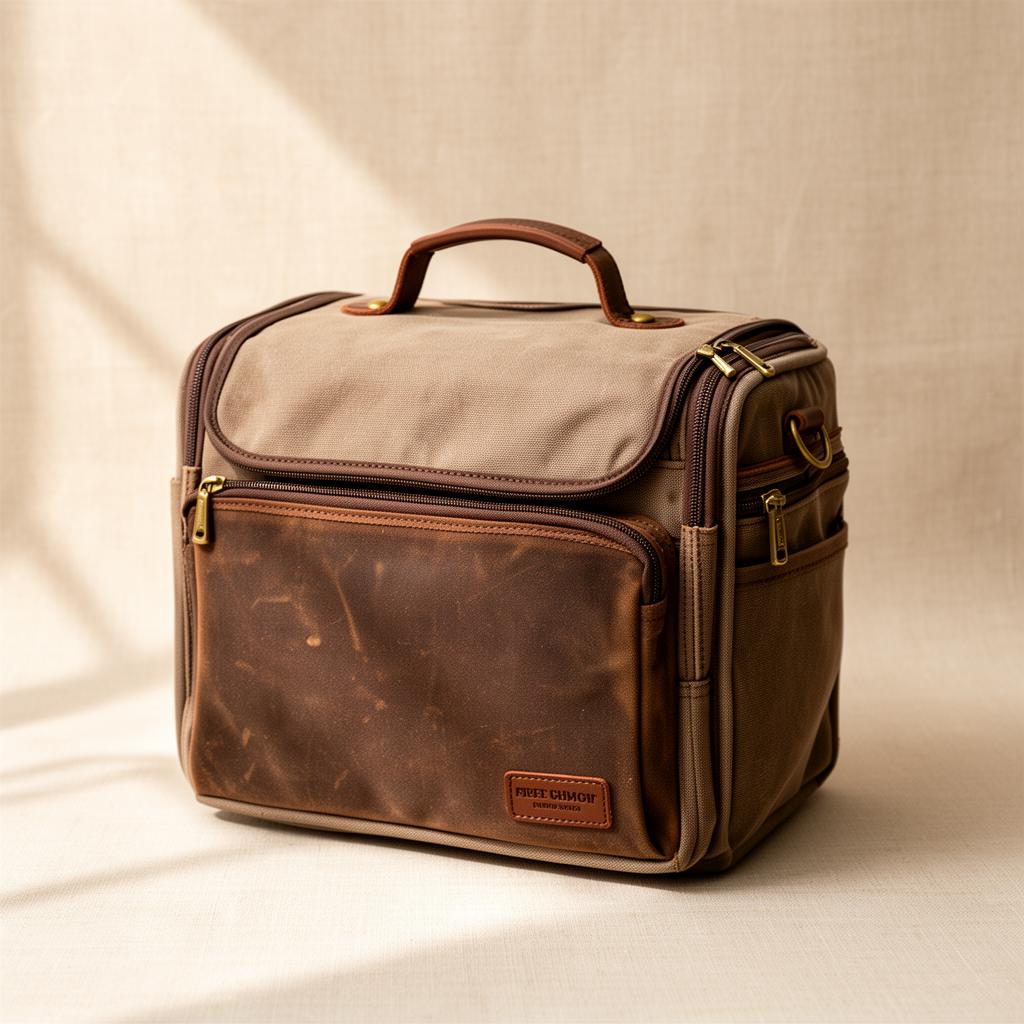 Pet travel organizer bag in warm brown canvas on a Pupora background