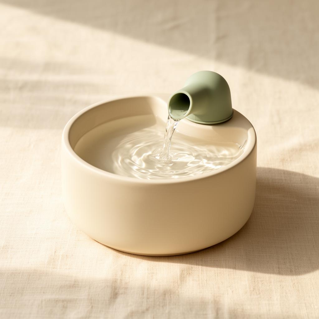 Modern pet water fountain in soft cream and sage on a Pupora background