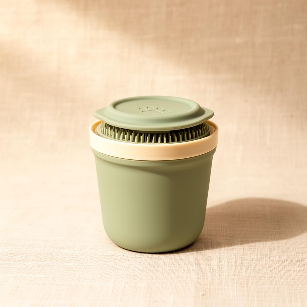 Portable dog paw cleaner cup in sage green and cream on a warm Pupora background