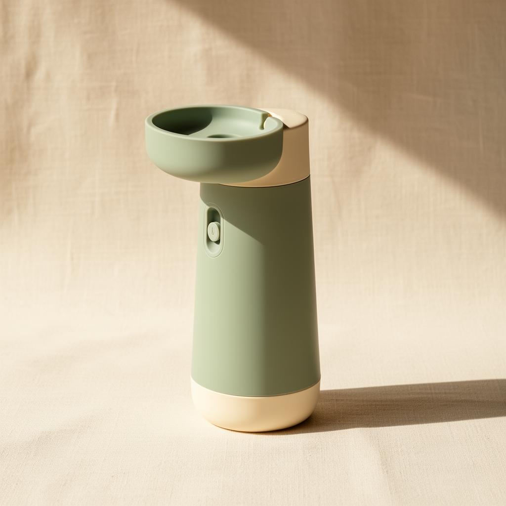 Portable pet water bottle in sage green and cream on a warm Pupora background
