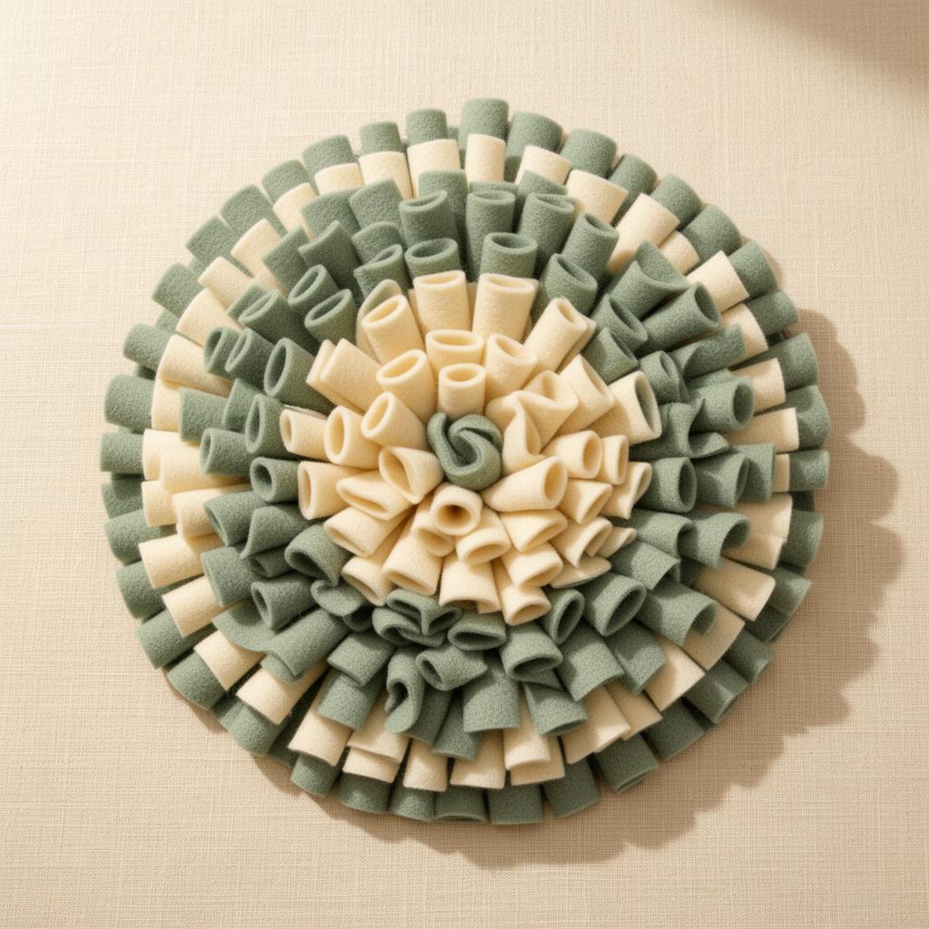 Dog snuffle mat in warm sage and cream fabric folds on a Pupora background