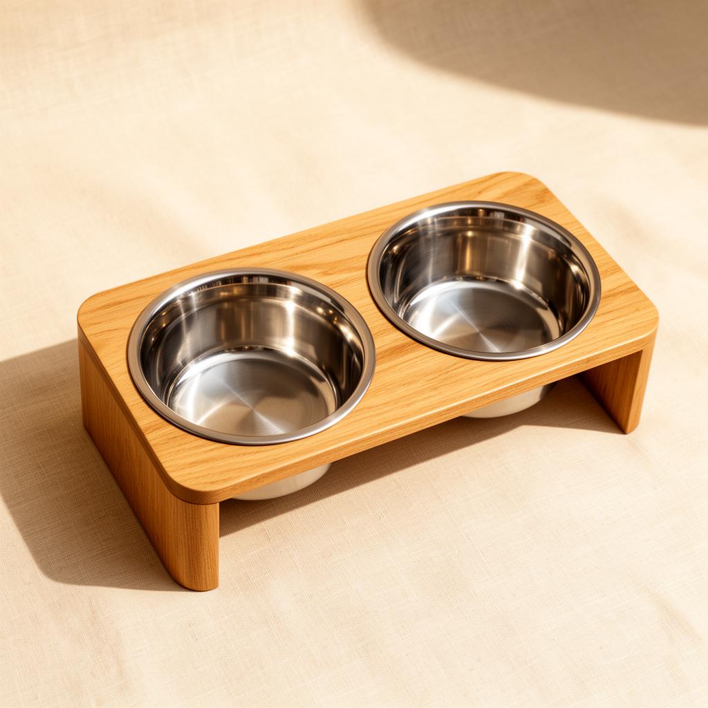 Raised double pet bowl with warm wood stand and stainless steel bowls on a Pupora background